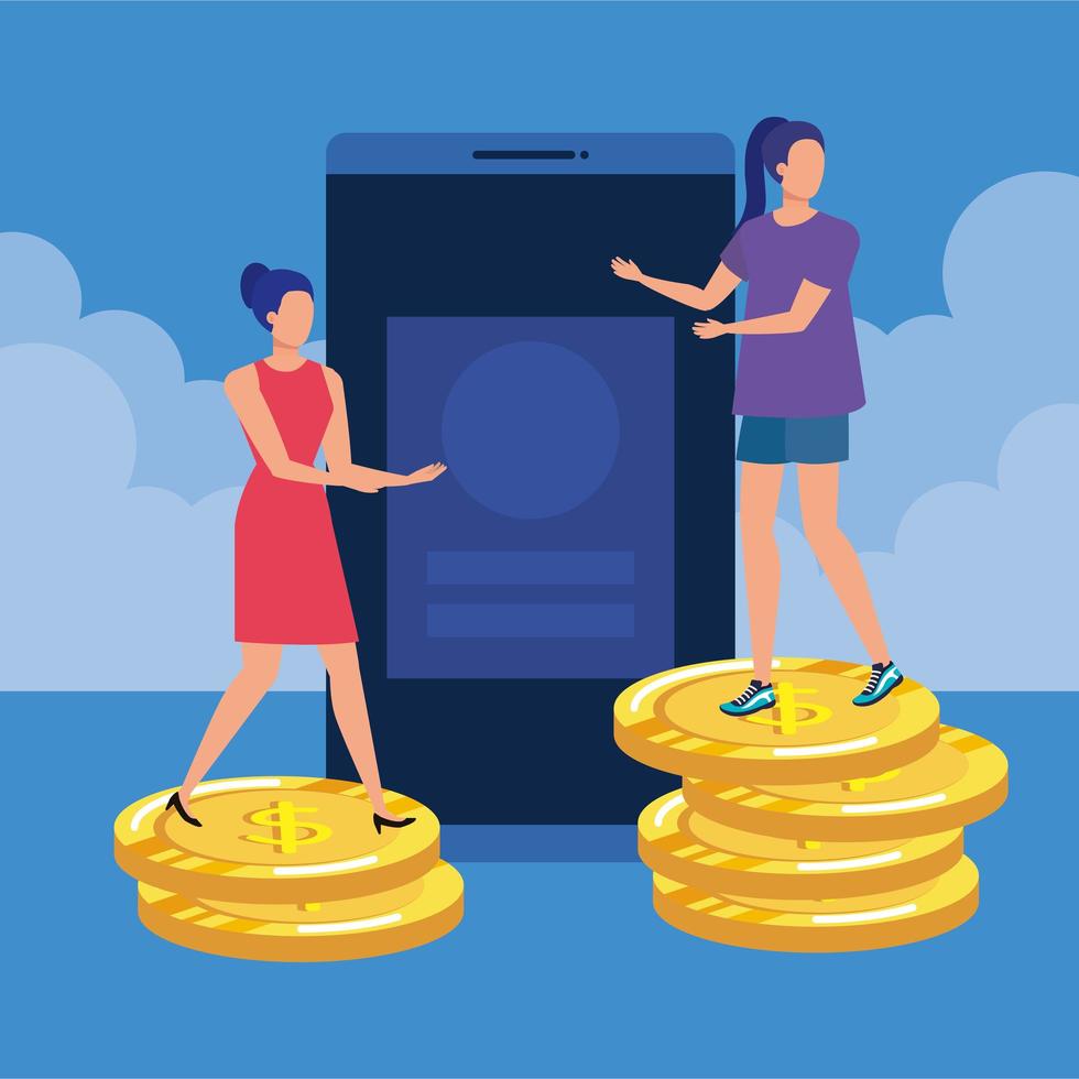 young women with smartphone and money vector