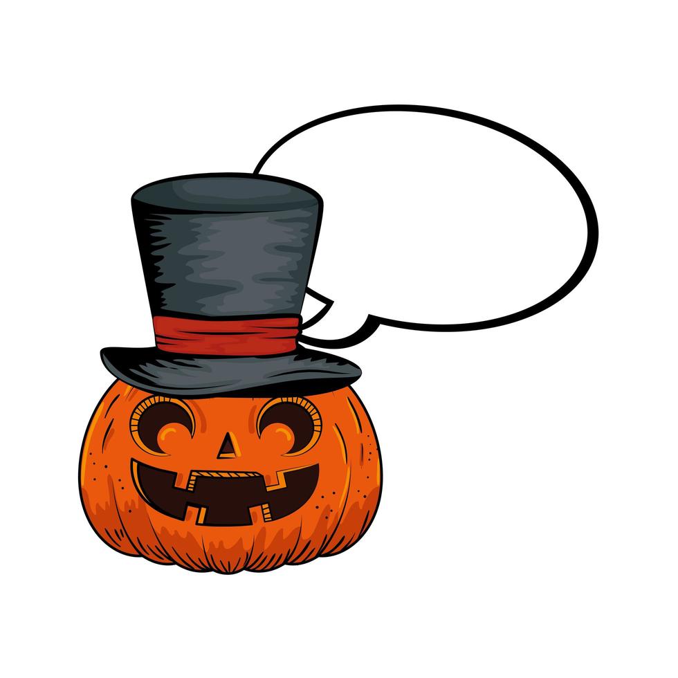 calabaza de halloween con sombrero de asistente y estilo pop art de burbujas de discurso vector