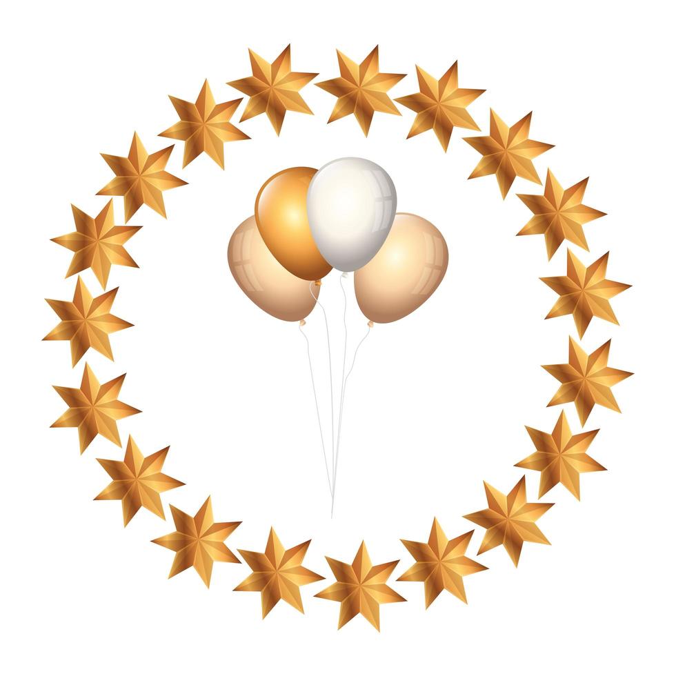 balloons helium golden and white in frame circular of stars vector