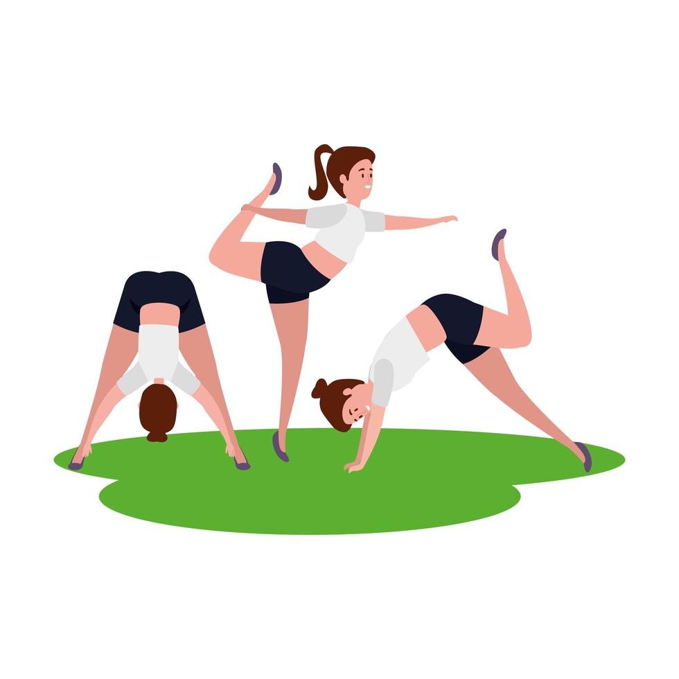 beauty girls group practicing pilates in the grass vector