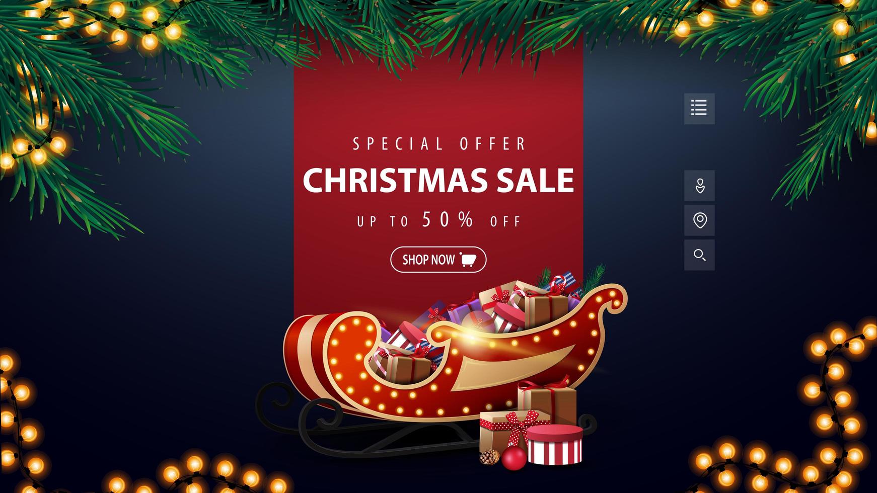 Special offer, Christmas sale, up to 50 off, blue discount banner with red line for text, garland, frame of Christmas tree branches and Santa Sleigh with presents vector