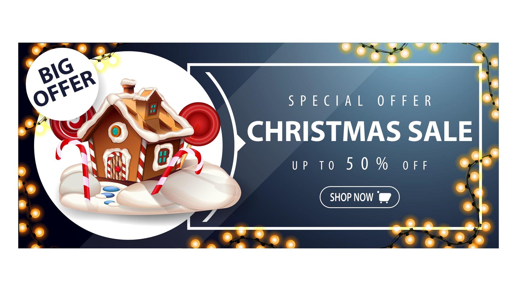 Big offer, Christmas sale, up to 50 off, blue discount banner with garland, button and Christmas gingerbread house vector