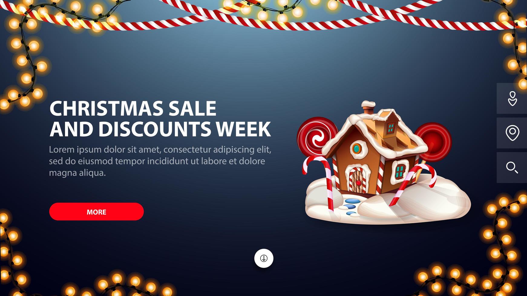 Christmas sales and discount week, blue banner with button, garlands and Christmas gingerbread house for website vector