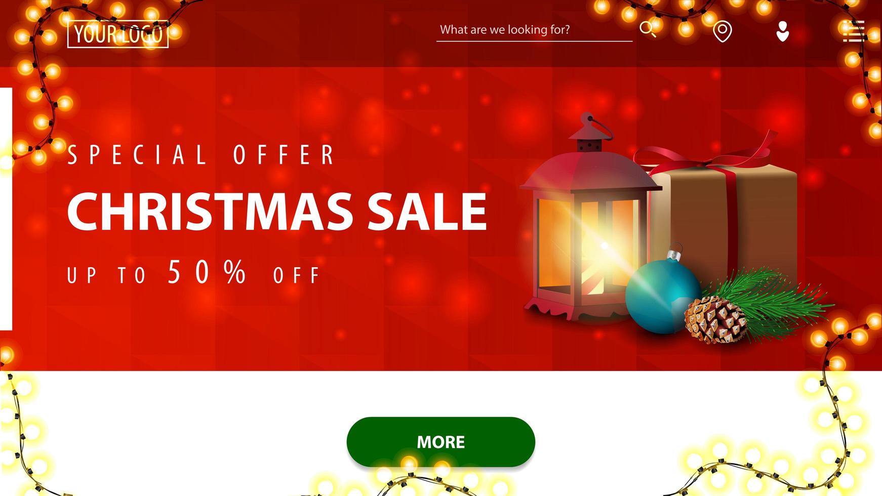 Special offer, Christmas sale, up to 50 off, red and white discount banner for website with polygonal texture, garland, green button and antique lamp with present vector