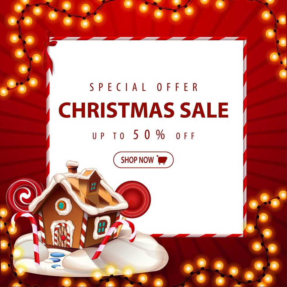 oferta especial, rebajas navideñas, hasta 50 de descuento. Banner de descuento cuadrado rojo con guirnalda navideña, hoja de papel blanco y casa de jengibre navideña vector