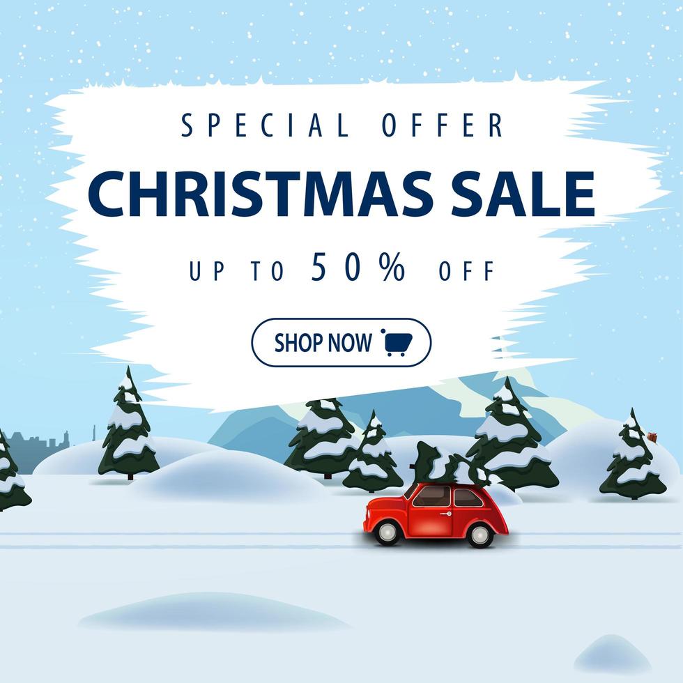Special offer, Christmas sale, up to 50 off, square beautiful discount banner with winter landscape on background and red vintage car carrying Christmas tree vector