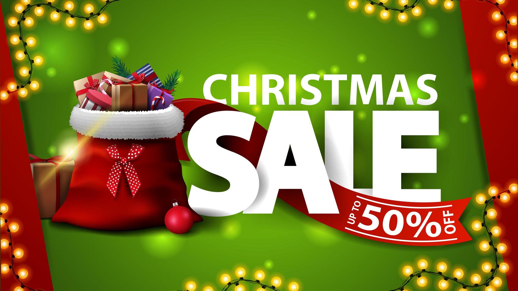 Christmas sale, up to 50 off, green discount banner with large letters, garland, red ribbon and Santa Claus bag with presents vector