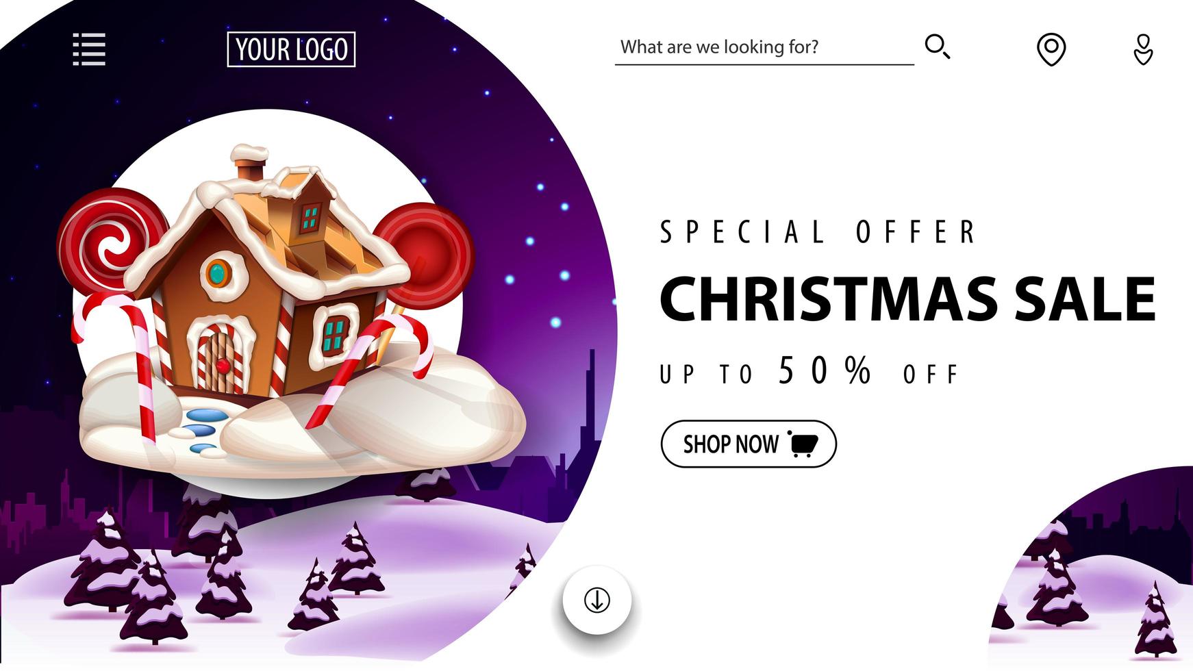 Special offer, Christmas sale, up to 50 off, beautiful white discount banner for website in minimalistic white style with winter landscape on background and Christmas gingerbread house vector