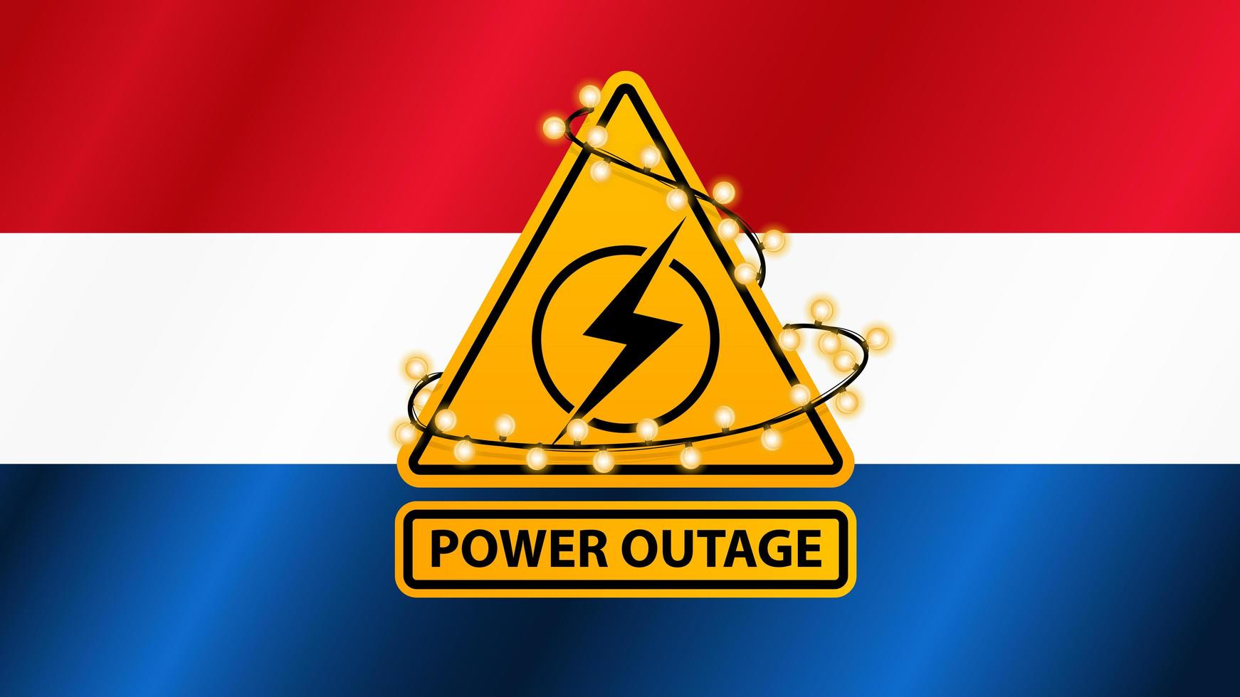 Power outage, yellow warning sign wrapped with garland on the background of the flag of Netherlands vector