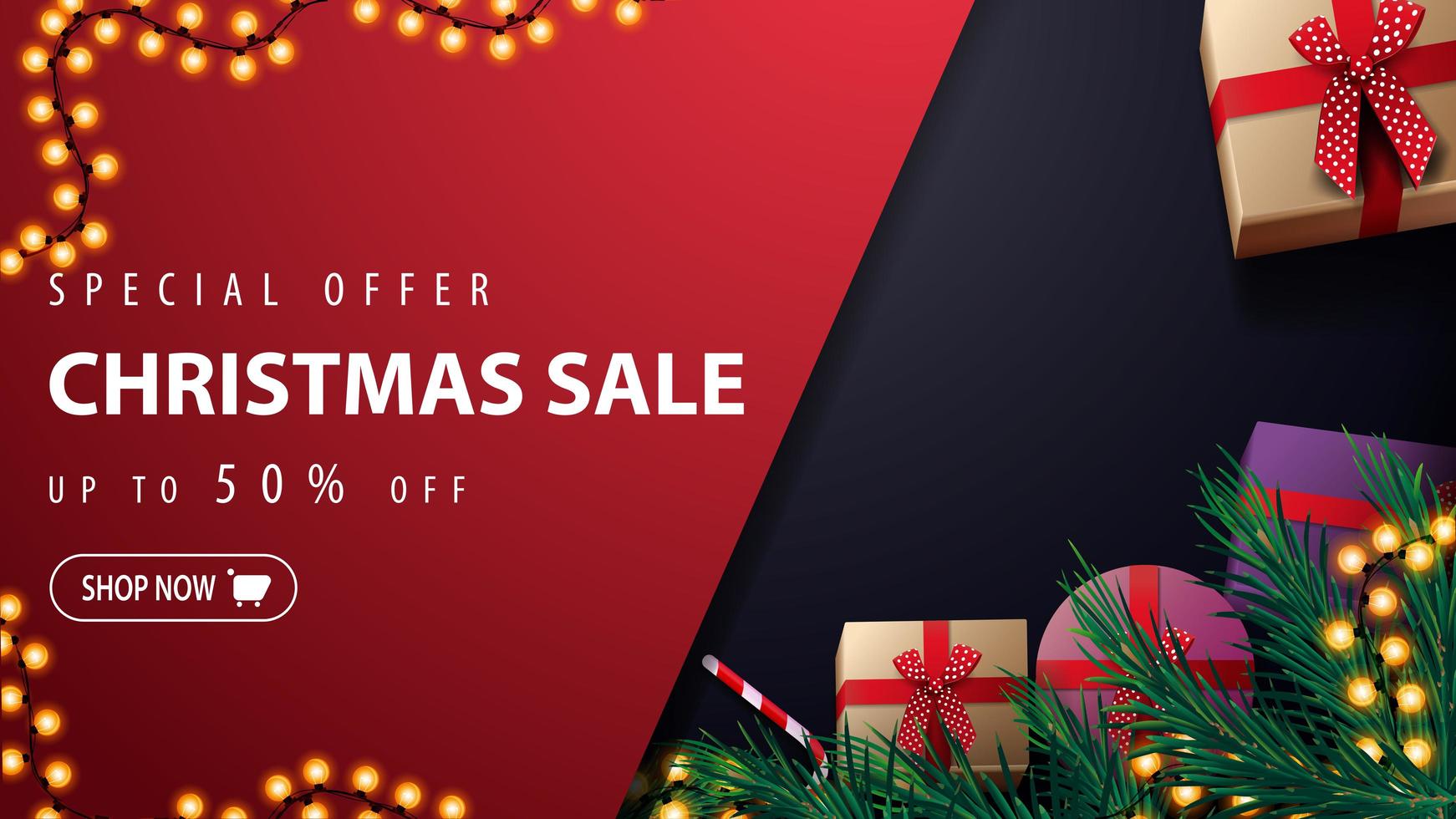 Special offer, Christmas sale, up to 50 off, red and blue discount banner with garland, Christmas tree, presents and candy can, top view vector