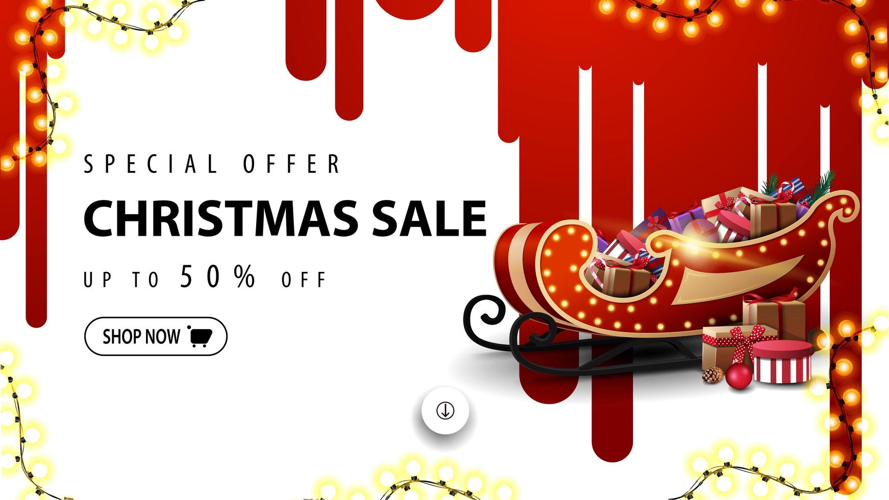 Special offer, Christmas sale, up to 50 off, white discount banner with red streaks of paint on the white wall and Santa Sleigh with presents vector