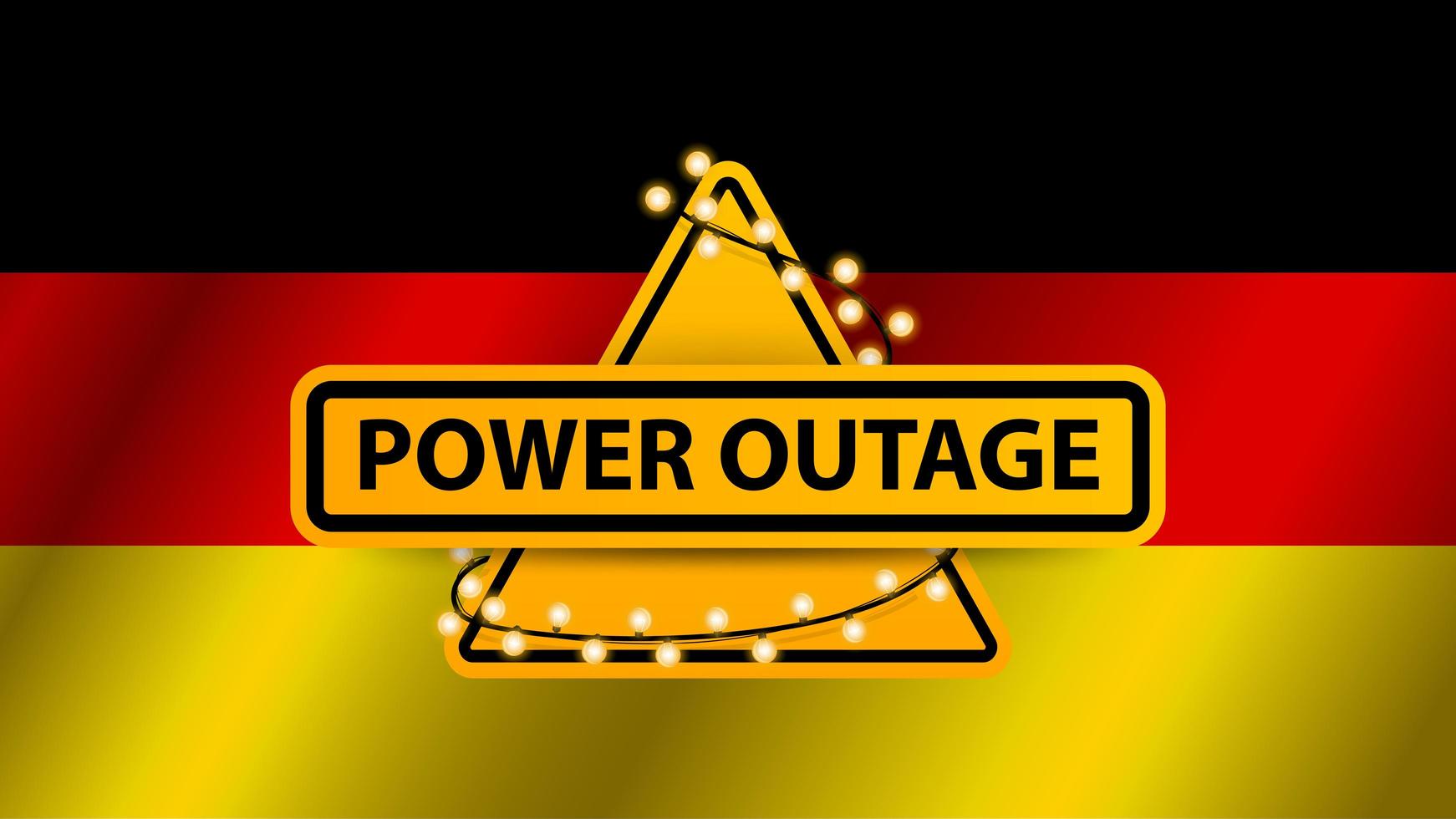 Power outage, yellow warning sign wrapped with garland on the background of the flag of Germany vector