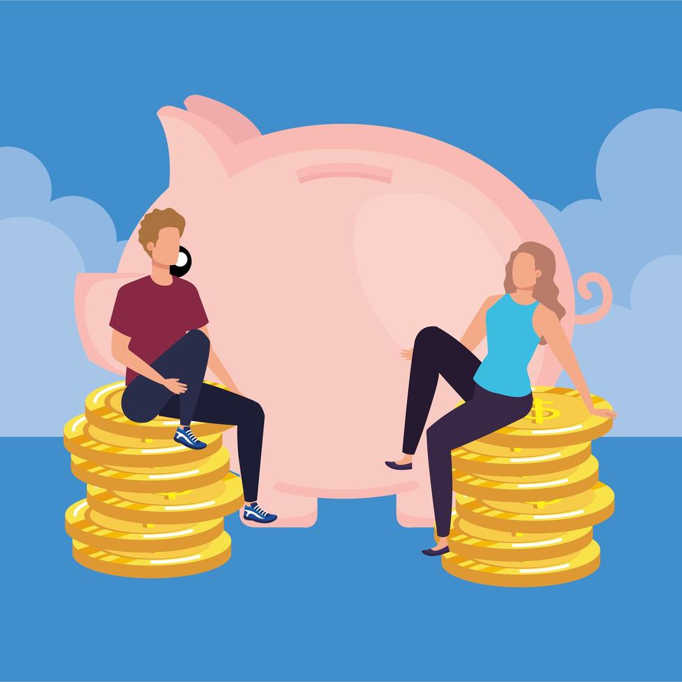 young couple with piggy and coins vector