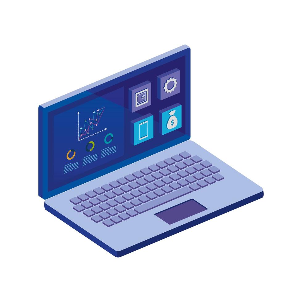 laptop computer with infographics and app menu vector