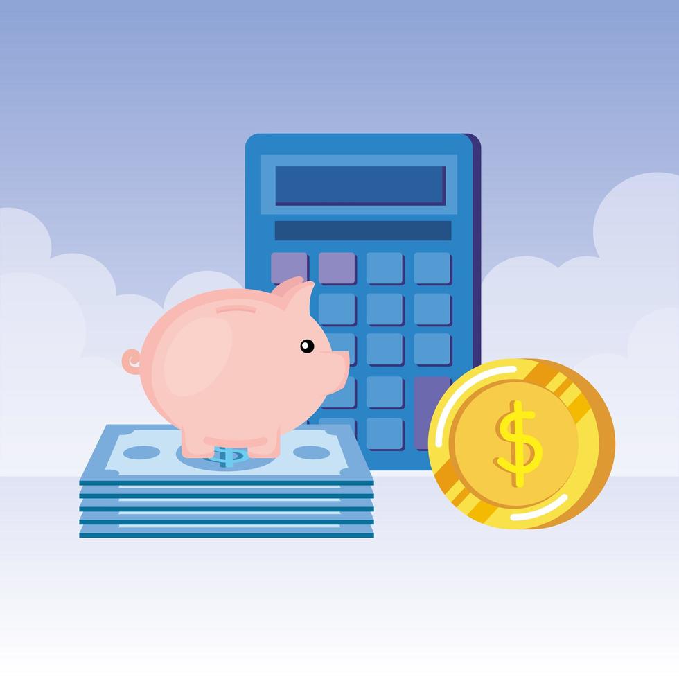 piggy savings with coins and bills money vector