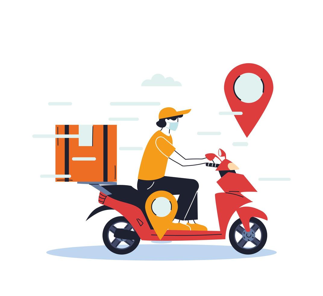 man in mask on scooter delivering a box vector