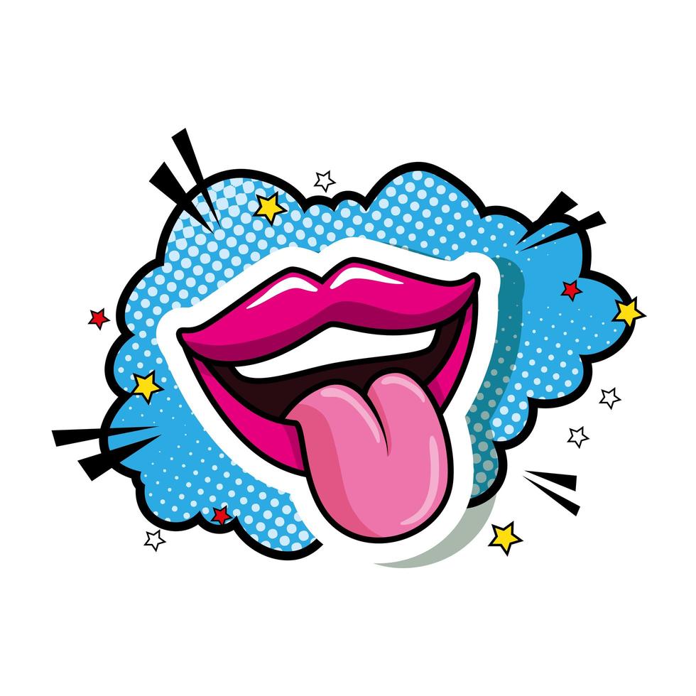 sexy mouth with tongue out in cloud pop art style icon vector