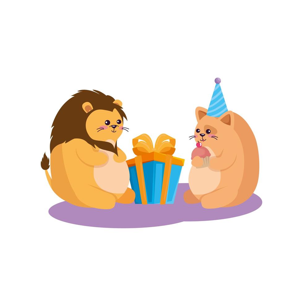 Unicorn and lion with happy birthday vector design