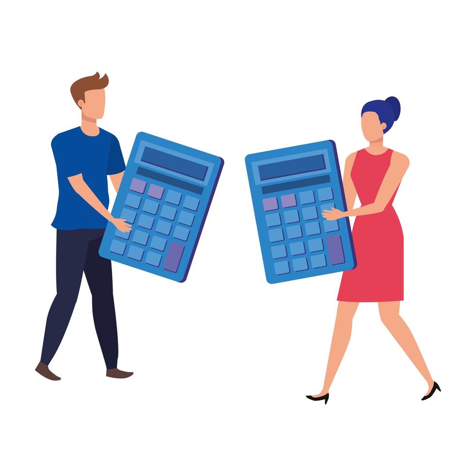 young couple with calculators characters vector