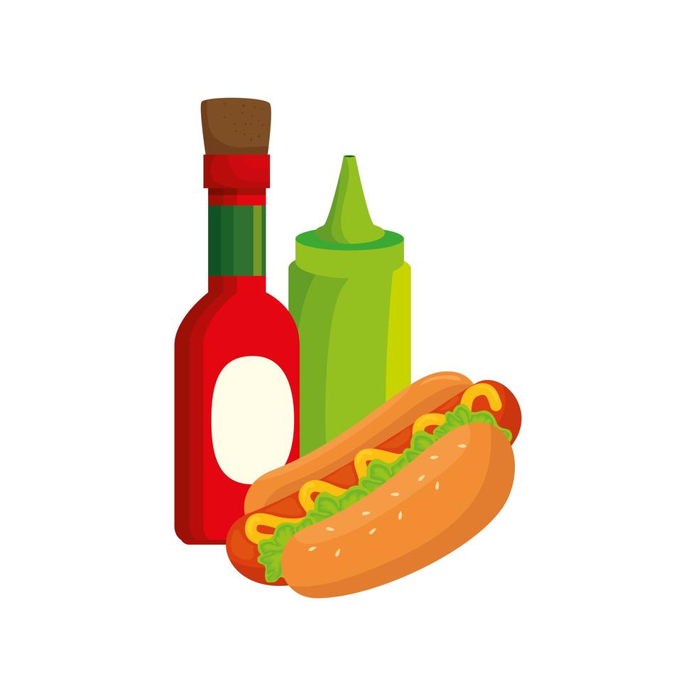 set of delicious sauces with hot dog isolated icon vector