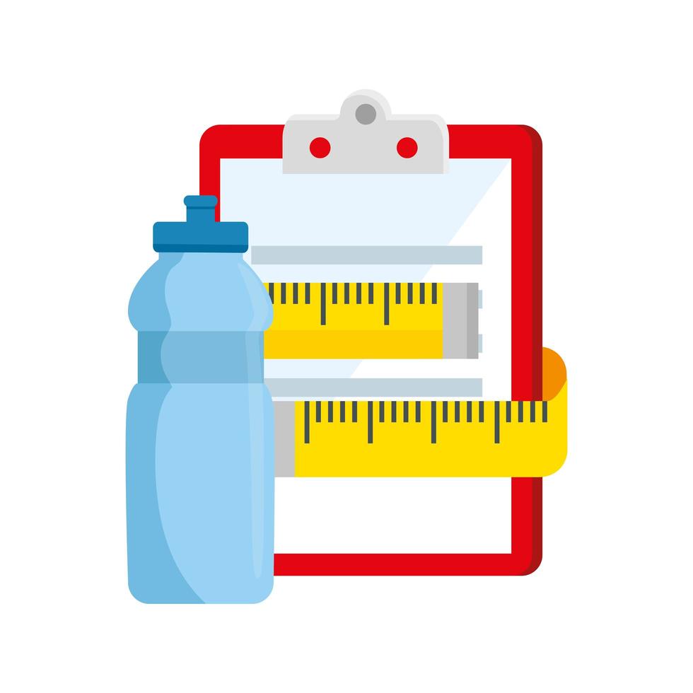 cinta métrica con portapapeles y botella de agua vector