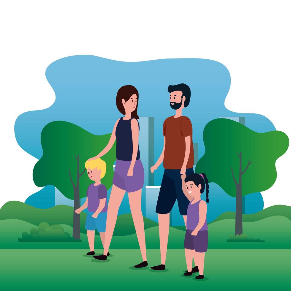pareja de padres con hija e hijo en el parque vector