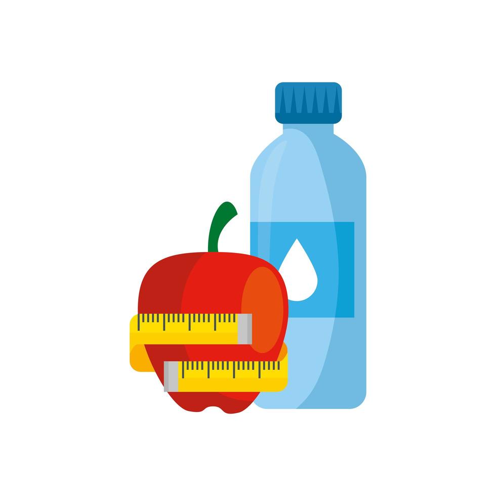 bottle water with apple and tape measure vector