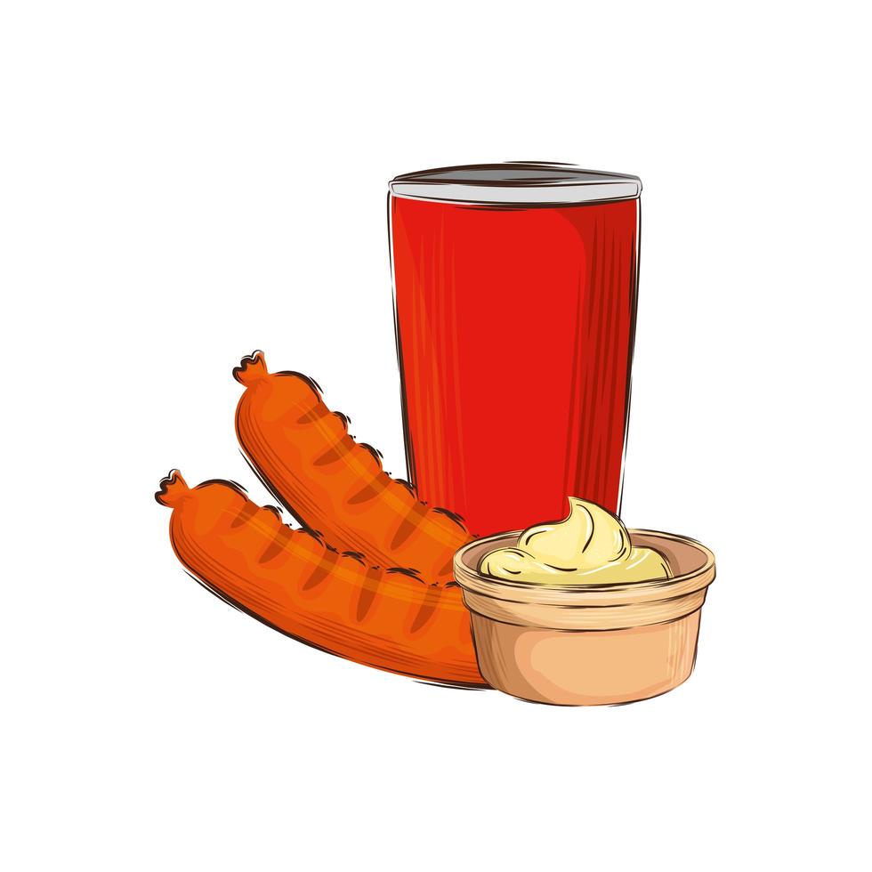 Salchichas con bebida y salsas icono aislado vector