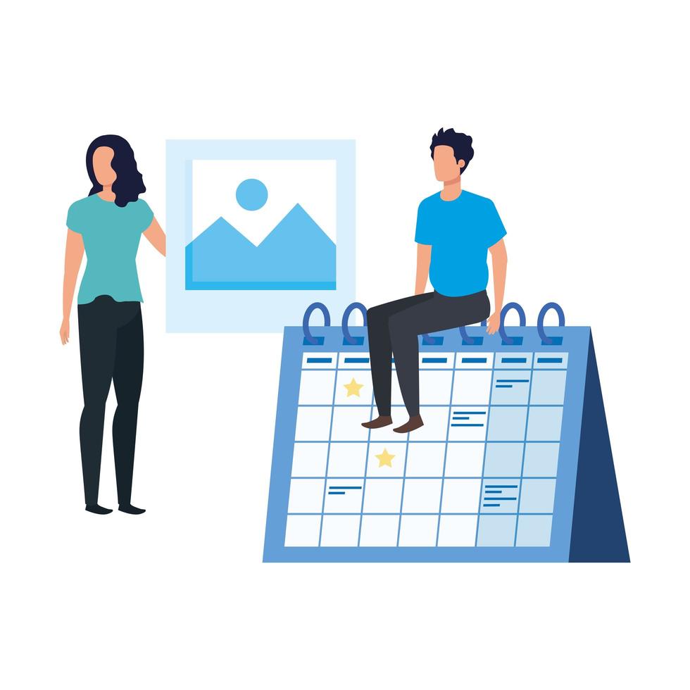 young couple with calendar characters vector