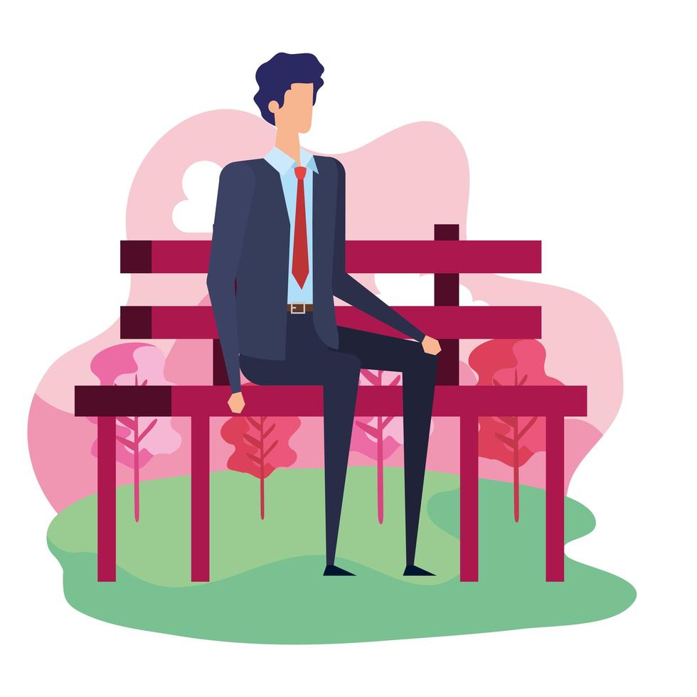 elegant businessman seated in the park chair character vector