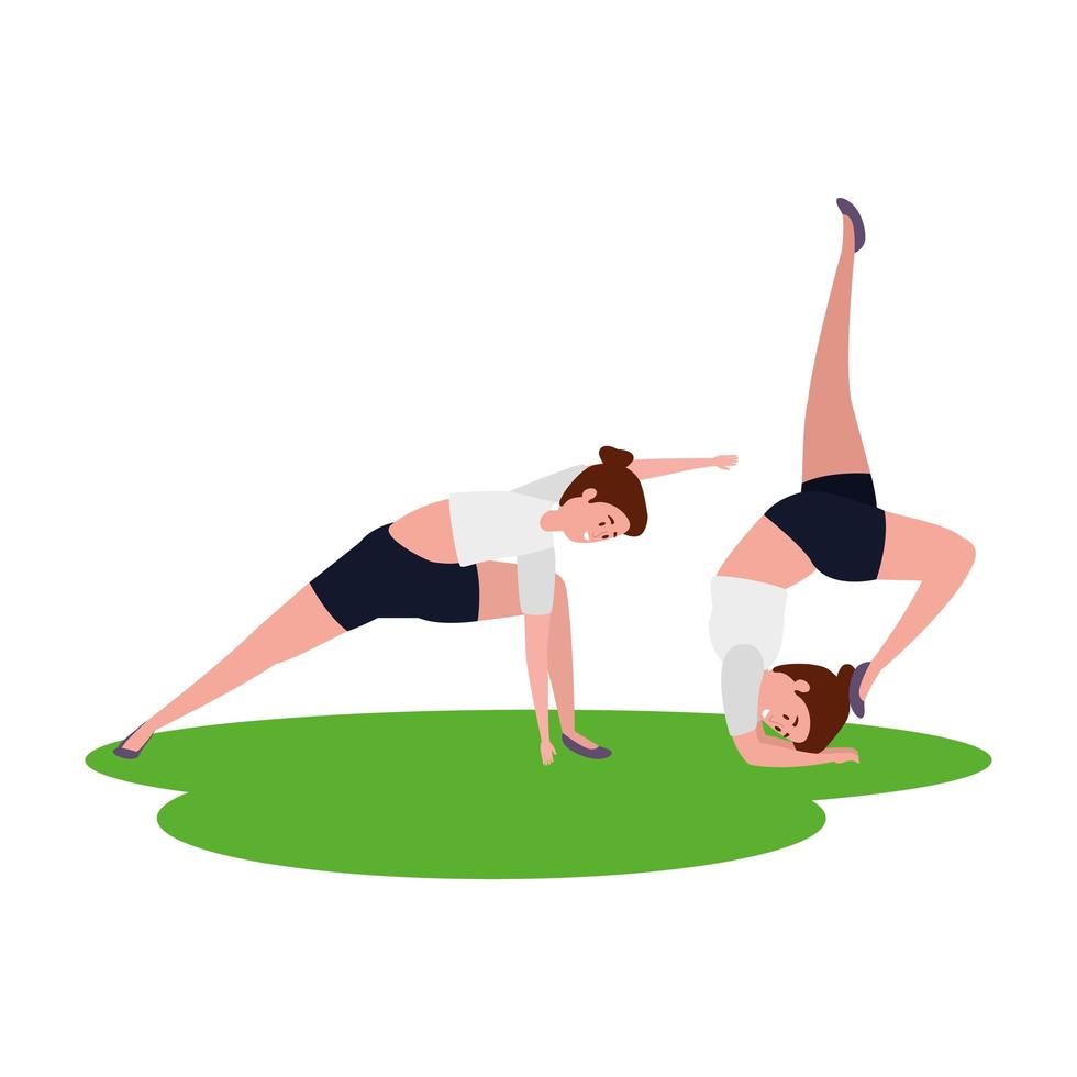 beauty girls couple practicing pilates in grass vector