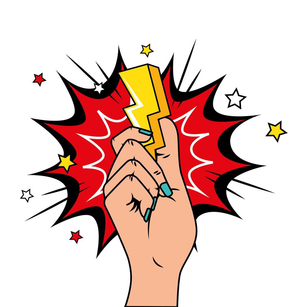 hand with thunderbolt and explosion pop art style icon vector