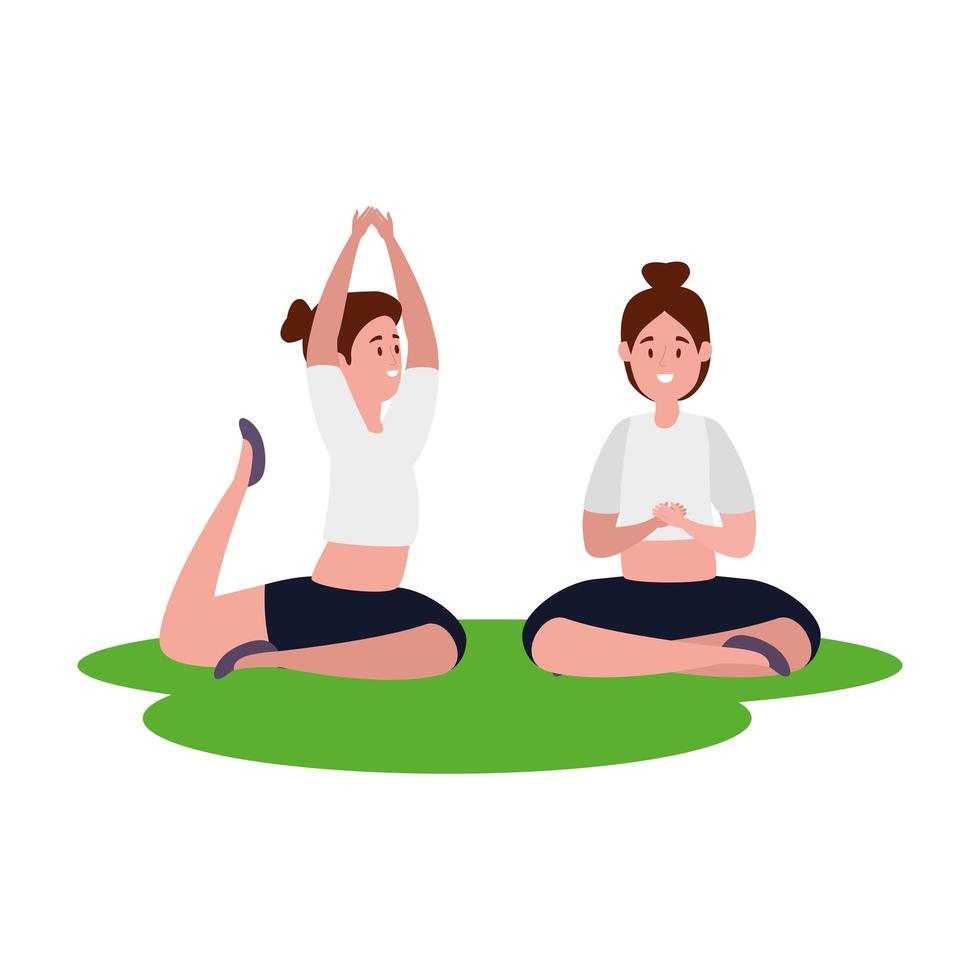 beauty girls couple practicing pilates in grass vector