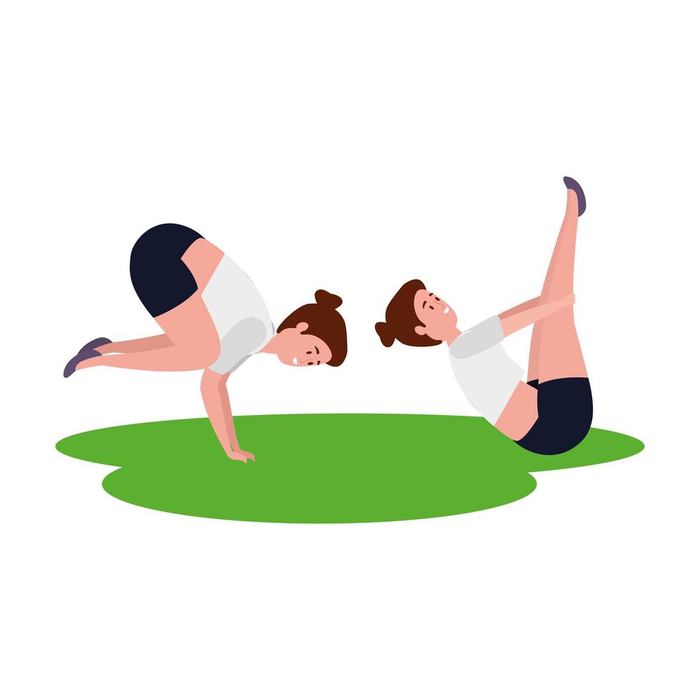 beauty girls couple practicing pilates in grass vector