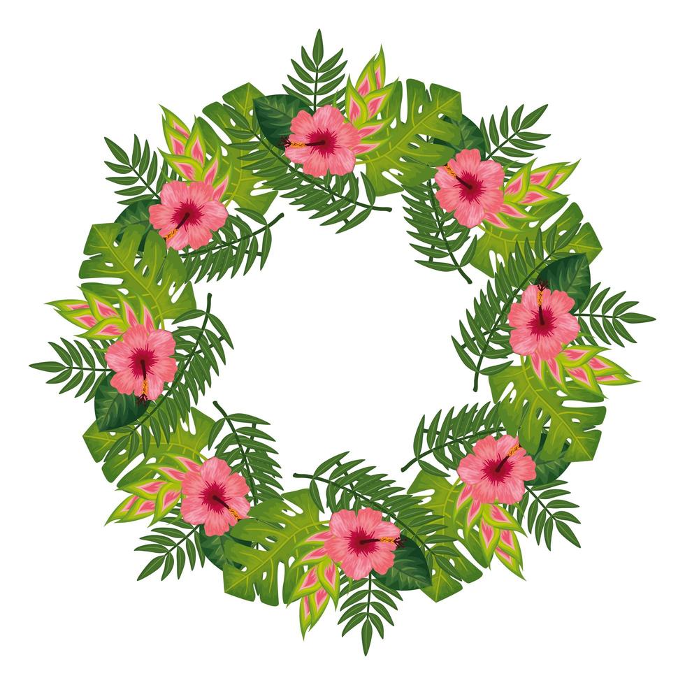 frame circular of flowers with leafs isolated icon vector