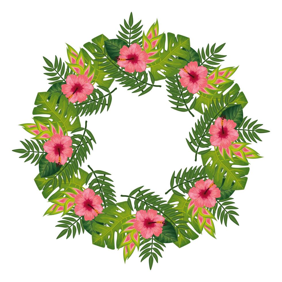 frame circular of flowers with leafs isolated icon vector