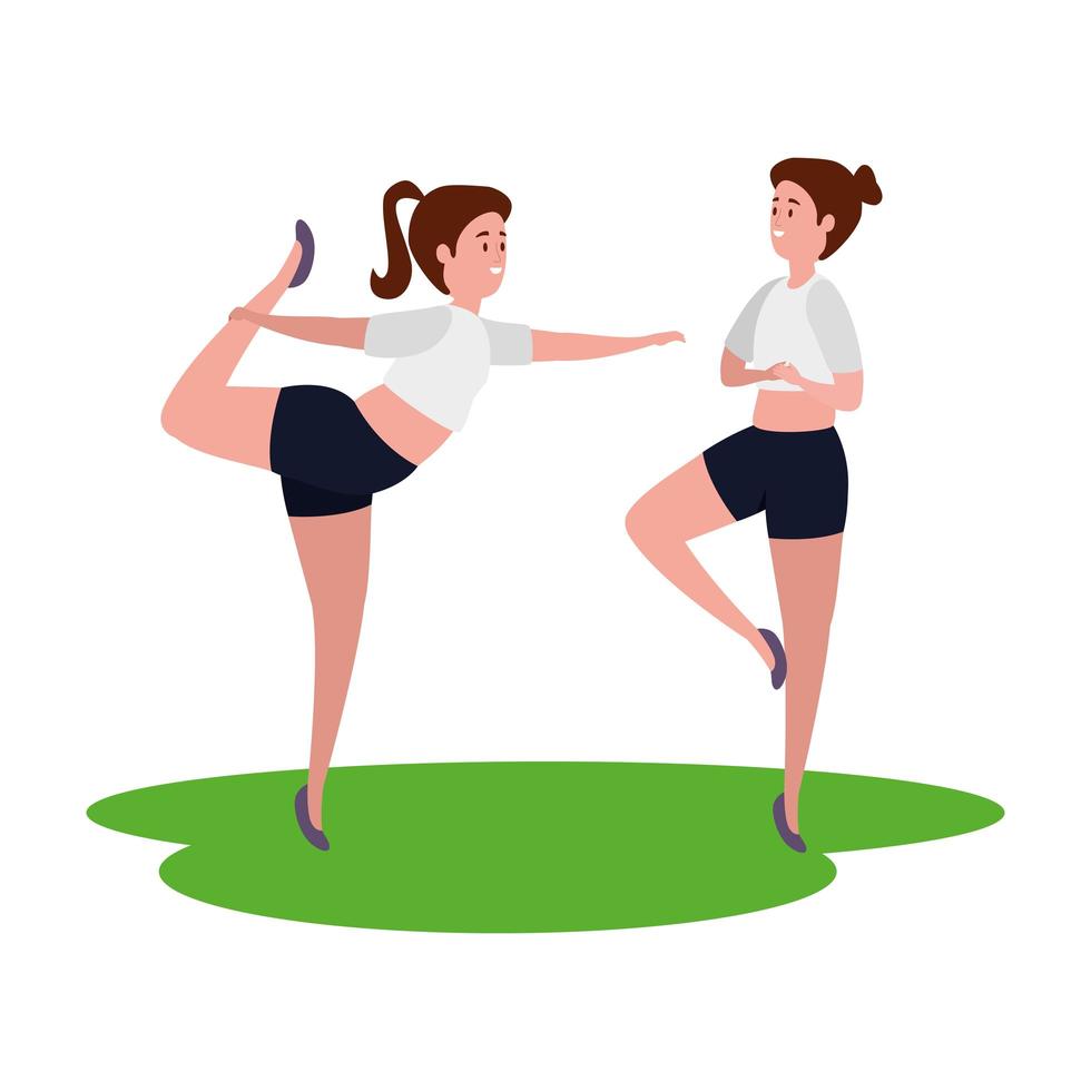 beauty girls couple practicing pilates in grass vector