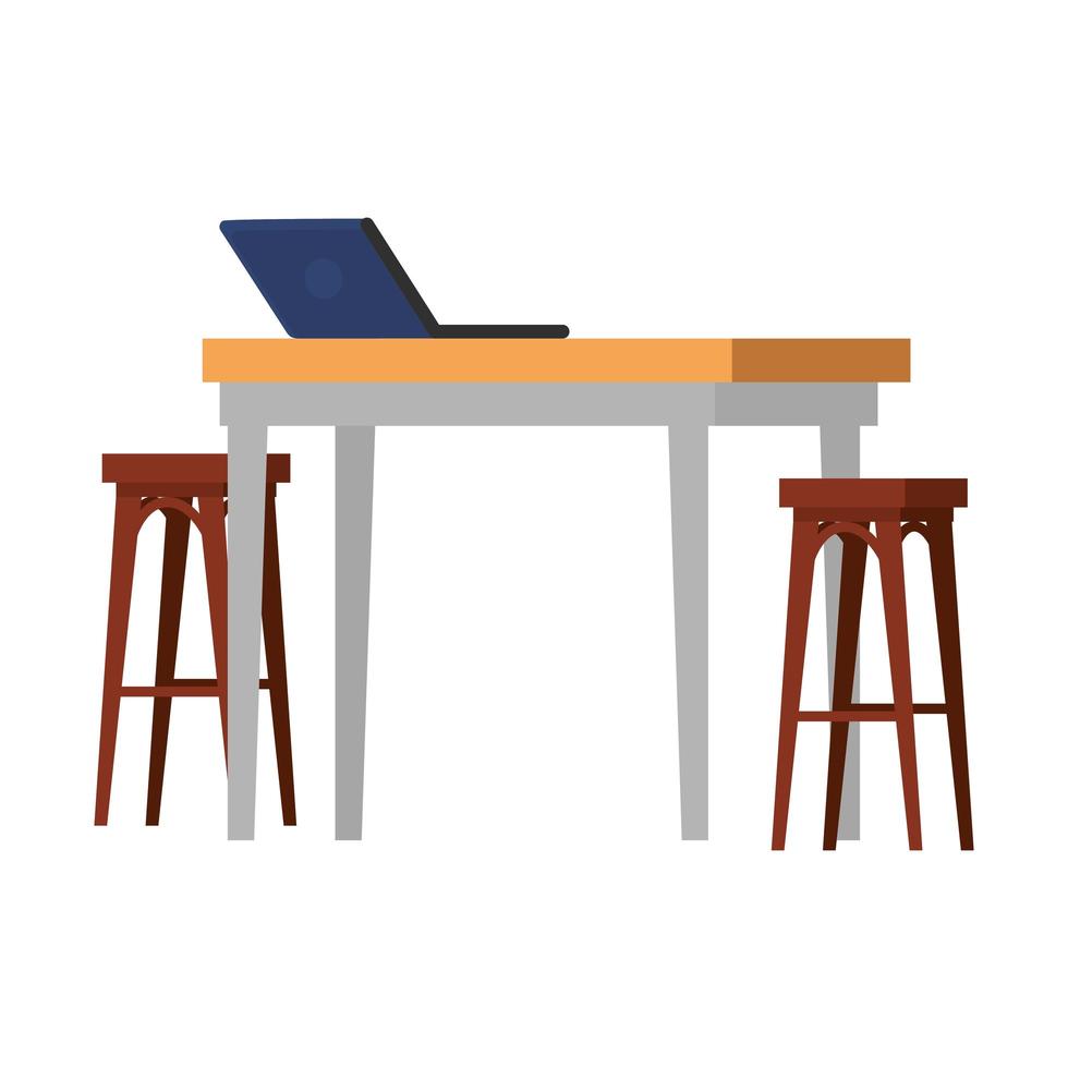 bancos de madera con mesa y laptop vector