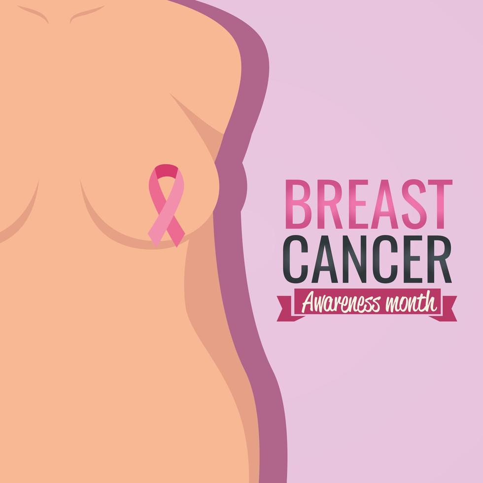 cartel del mes de concientización sobre el cáncer de mama con cuerpo de mujer y cinta vector