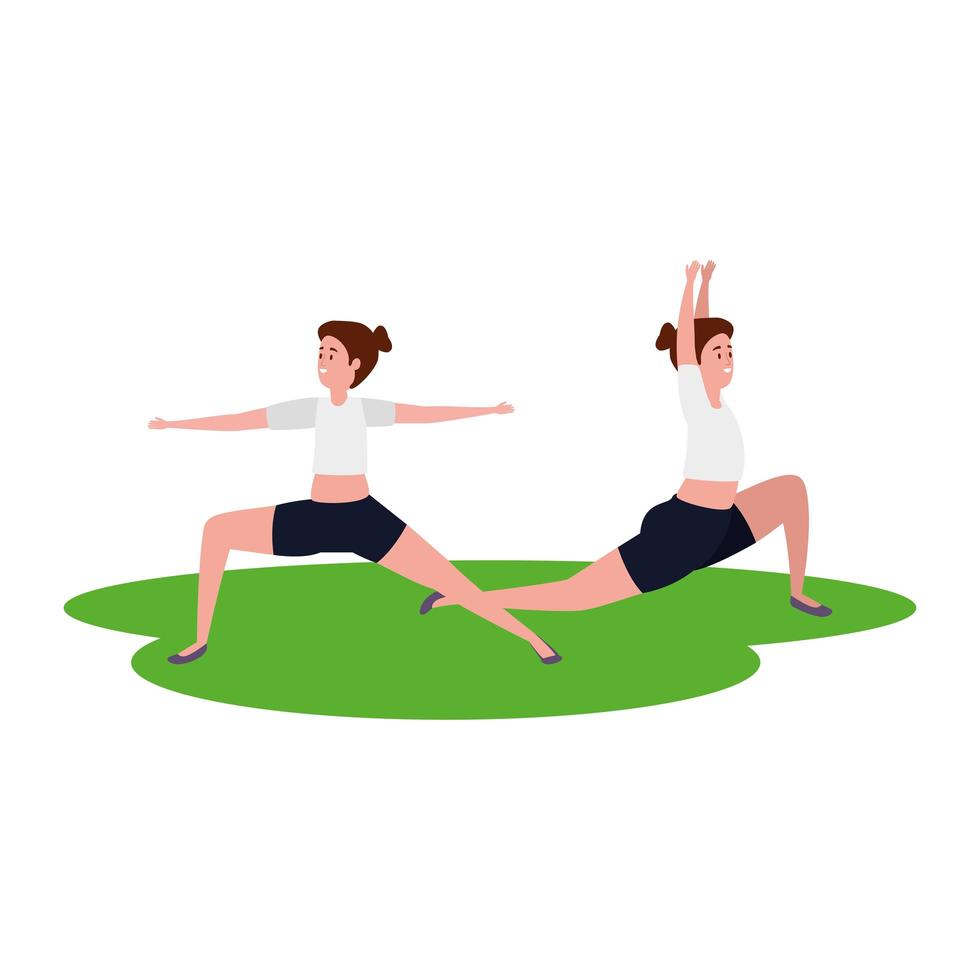 pareja de chicas de belleza practicando pilates en el césped vector