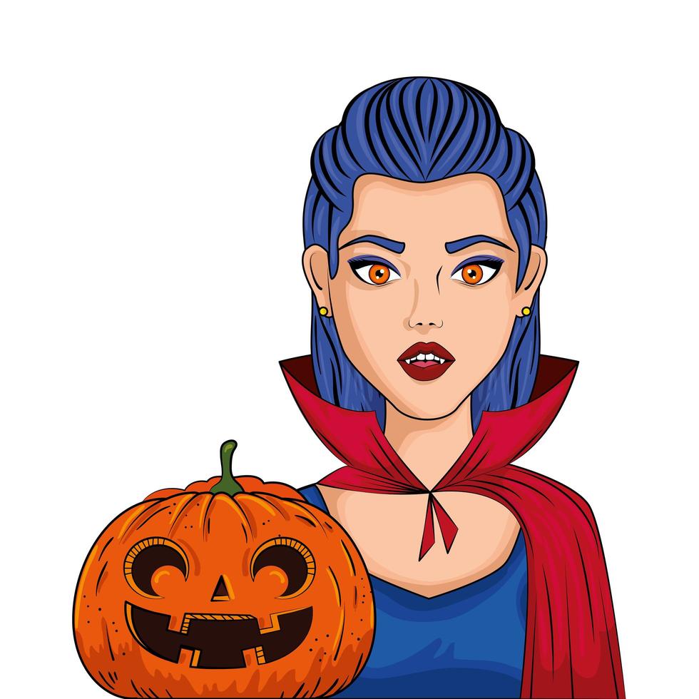 Mujer joven disfrazada de vampiro con arte pop estilo calabaza vector