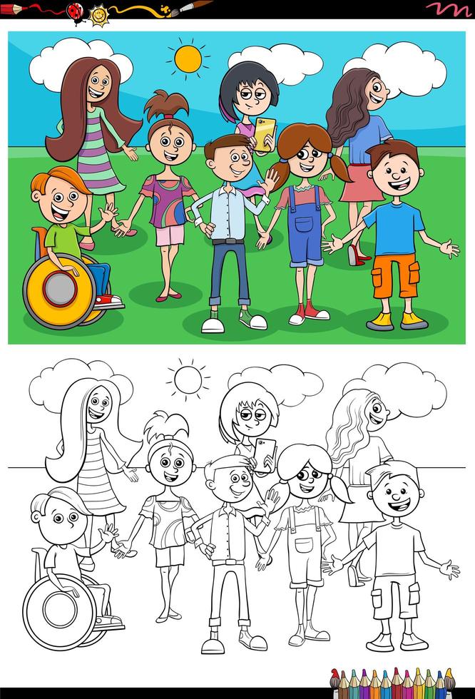 cartoon children characters group coloring book page vector