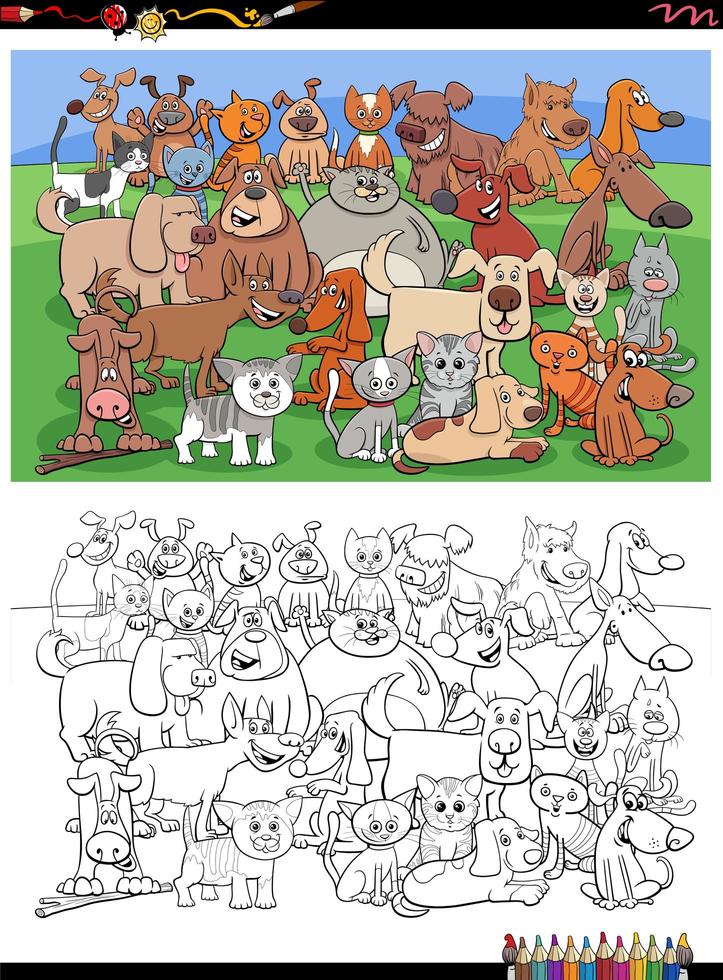 cartoon funny cats and dogs group coloring book page vector