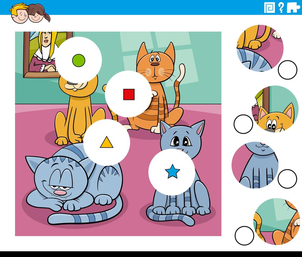 match pieces puzzle with funny cats characters vector