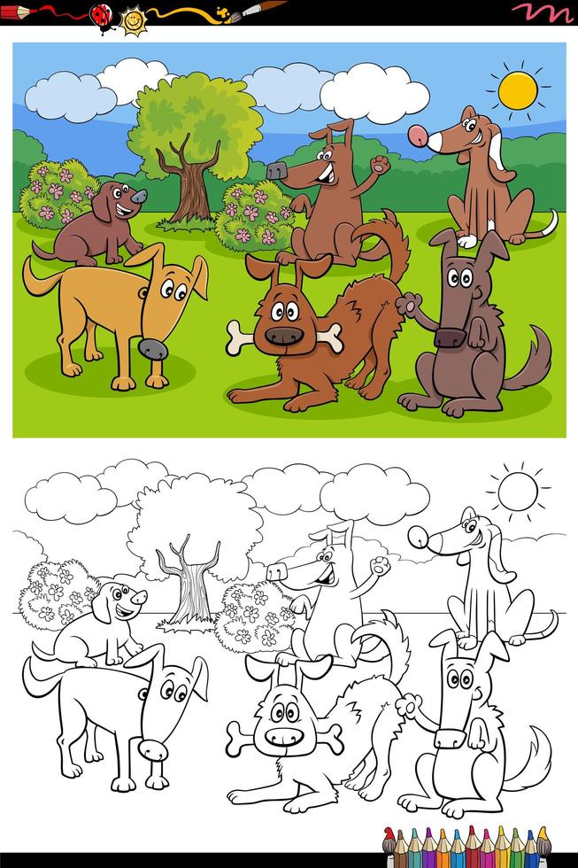 caricatura, feliz, perros, grupo, libro colorear, página vector