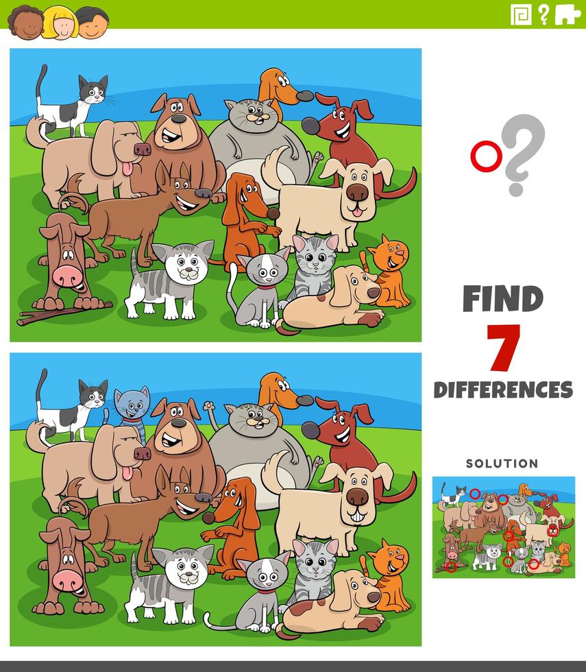 differences educational game with comic cats and dogs vector