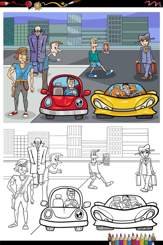 cartoon people on the street coloring book page vector