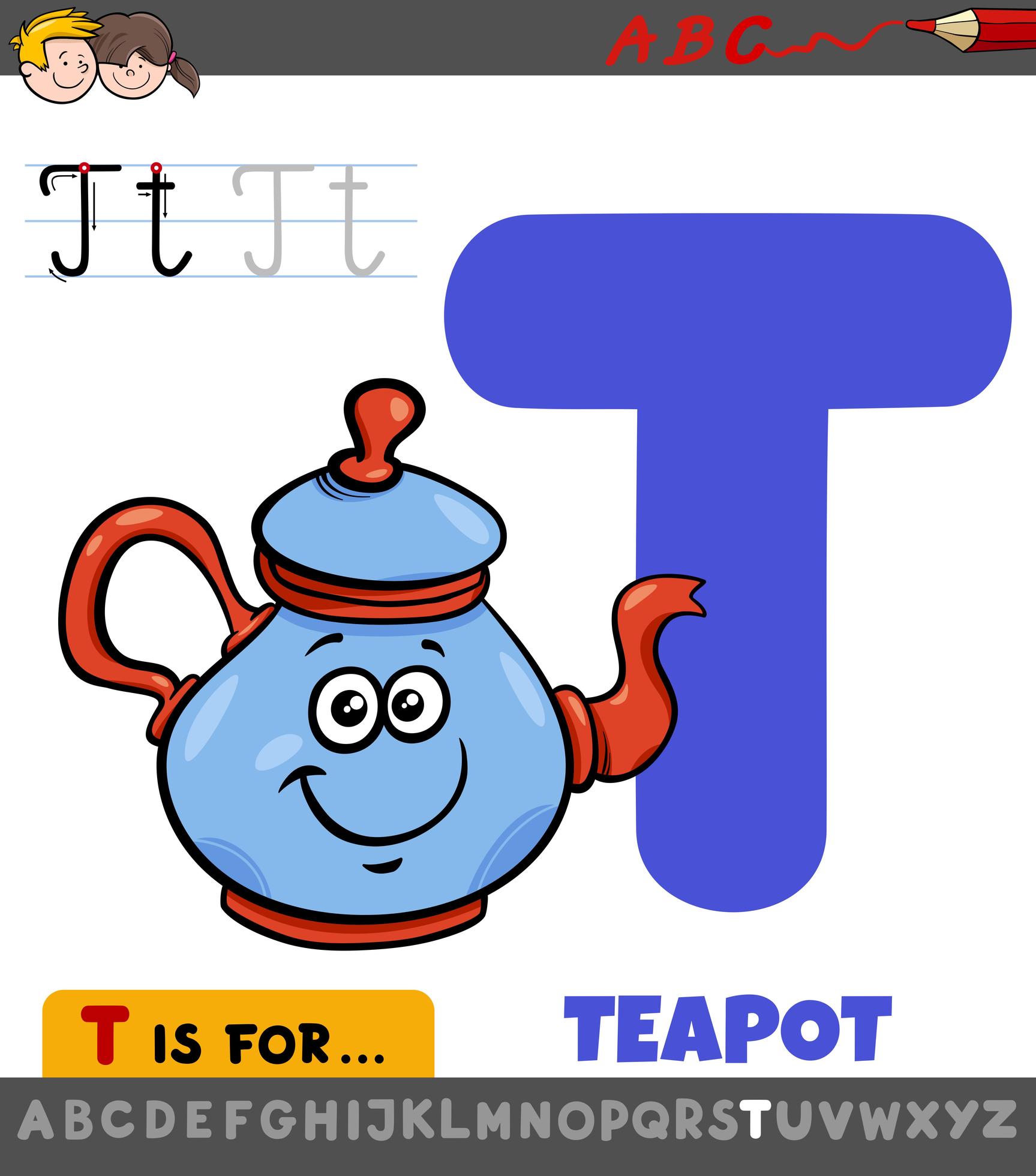 letter T educational worksheet with cartoon teapot 1921962 Vector Art