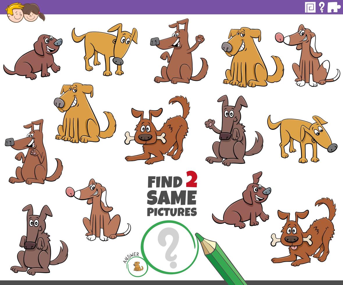 Encuentra dos perros iguales juego educativo para niños. vector