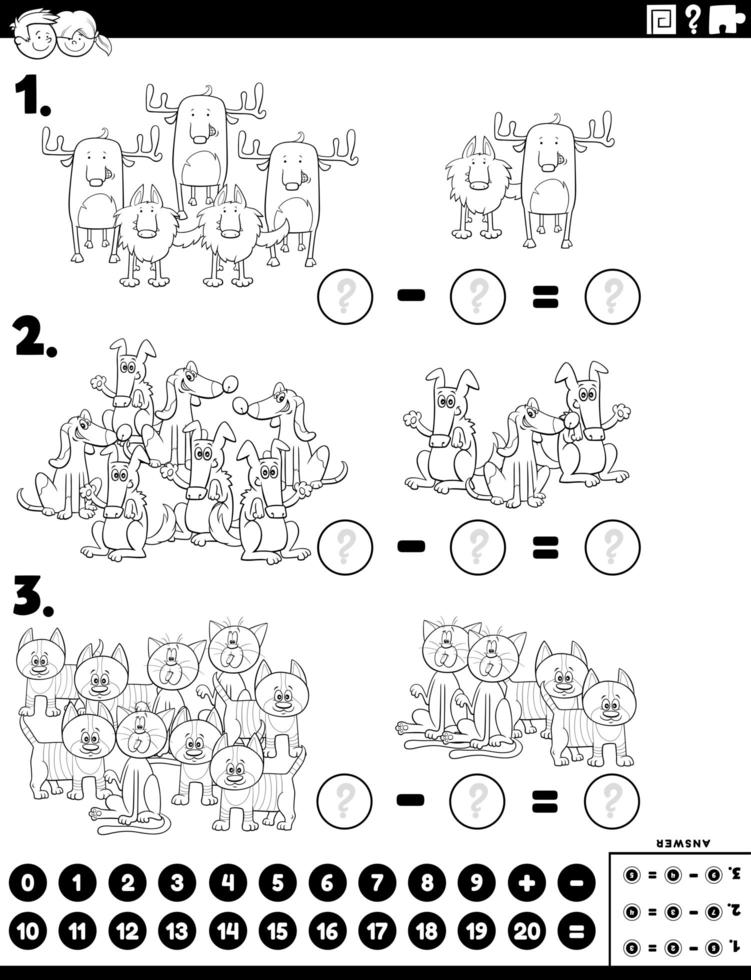 Tarea educativa de resta con animales página de libro de color vector